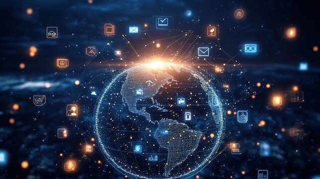 A blue Earth encircled by network lines and various icons, signifying the global reach and digital connectivity of the modern world.
