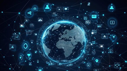 A blue Earth surrounded by network lines and icons of people and devices, highlighting the global digital network and human - device interaction.
