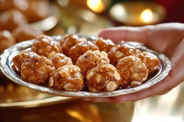 Indian festive Diwali ladoos. Delicious Indian sweets served on a silver plate.