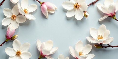 Delicate Spring Blossoms Arranged in a Frame of Pastel Hues, Creating a Serene and Elegant Floral Design Perfect for Invitations or Greeting Cards