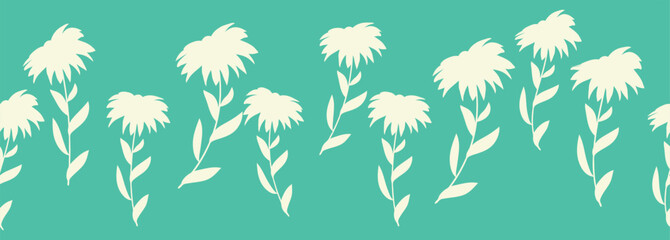 Fototapeta premium Decorative seamless vintage pattern in classic style with flowers and branches. Silhouettes of flowers, Two-color horizontal ornament in pastel colors, border