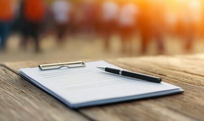 Fototapeta premium A pen rests on a clipboard atop a wooden table, hinting at an event sign-up in bright sunlight.