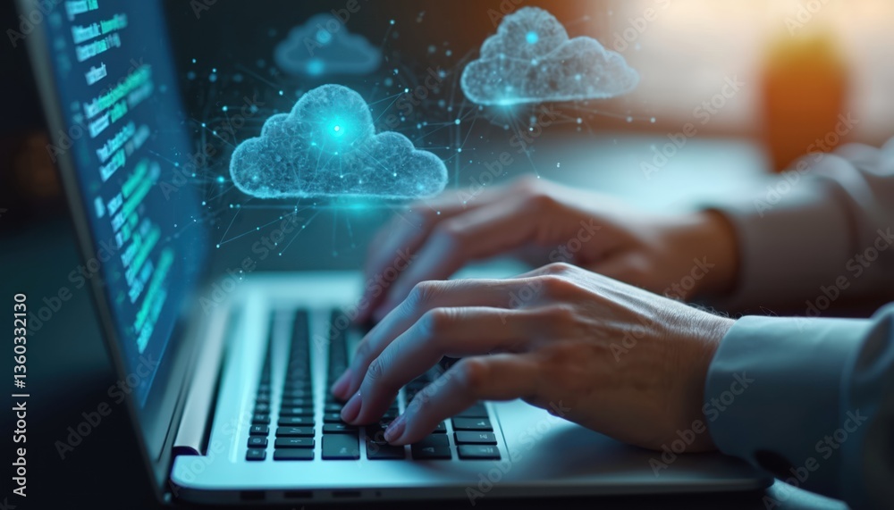 Poster hands typing on open laptop keyboard. network connection clouds above. modern digital tech concept, 