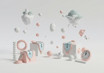 Pastel Floating Islands with Clocks and Geometric Shapes 3D Render