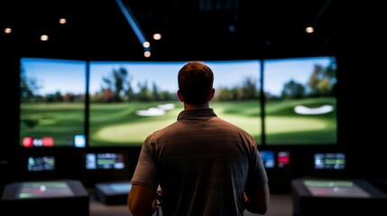 A man focuses on his swing at an indoor golf simulator, with a vibrant golf course displayed on the screen, creating an immersive golfing atmosphere