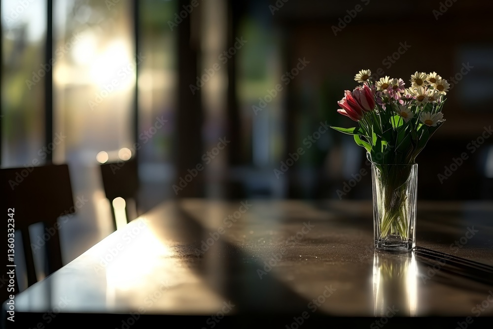 Poster a modern glass table showcases a crystal vase containing fresh tulips and daisies. the sunlit space 