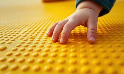Obraz premium A young child's hand gently touches a bright yellow, dotted surface, exploring textures and feeling.