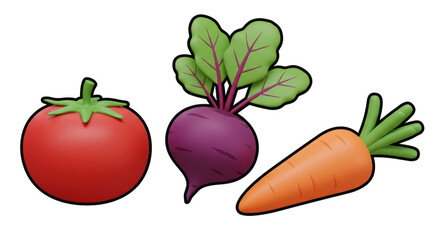 Isolated Tomato, Beetroot and Carrot Trio of Vegetables