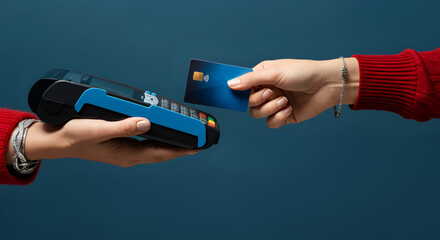 A close-up of a hand holding a credit card, making a contactless payment on a modern blue point-of-sale (POS) terminal against a dark blue background.