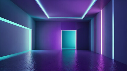 3d render, abstract background, empty room, violet mint walls, ultraviolet light, tunnel with no exit, illuminated corridor, virtual reality interior, minimalistic space.