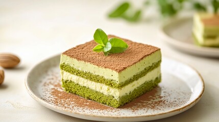 Square slice of matcha tiramisu with beautifully distinct green tea layers, delicately dusted with matcha powder, served on a minimalist ceramic plate against a soft beige backdrop