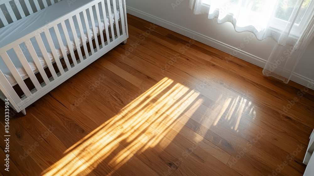 Aufkleber Rows of empty white cribs fill a softly lit nursery where sunlight streams through the window, casting delicate patterns on the warm wooden floor
