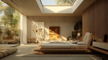 Interactive bedroom with a self-adapting mattress, AI-controlled temperature settings, and a large skylight allowing maximum daylight exposure 