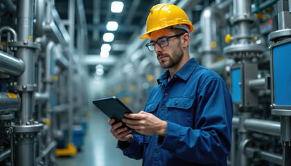 Male engineer in hard hat safety glasses uses tablet in industrial plant. Complex machinery technology. Inspection, quality control, workplace safety. Modern tech innovations in factory. Digital