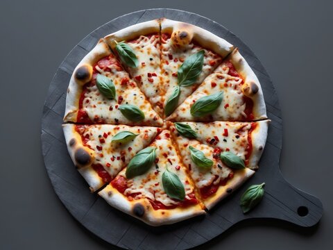 Flat lay pizza dark grey background wooden cutting Delicious Graphic Wallpaper