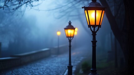 Fog rolling over cobblestone streets as gas lamps cast eerie light.