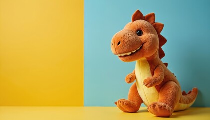Cute dinosaur plush toy on yellow and blue background. Orange stuffed animal, child toy, soft and furry. Playtime fun with adorable dino. Studio shot isolated. Childhood concept for kids.