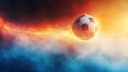 Naklejka premium A soccer ball cutting through a wall of mist and light, glowing edges and high-contrast details, cinematic sports shot.