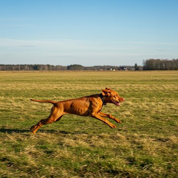 Energetic Vizsla Puppy Running Through an Open Field at Sunset &ndash; Athletic Hunting Dog in Motion