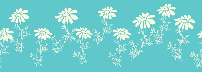 Decorative seamless vintage pattern in classic style with flowers and branches. Silhouettes of flowers, Two-color horizontal ornament in pastel colors, border