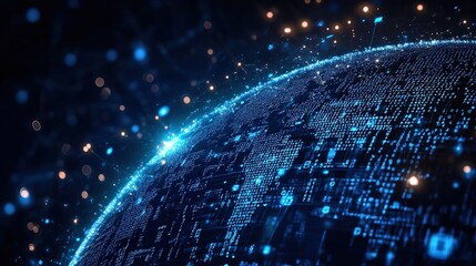 A blue Earth composed of binary codes on its surface with dot - shaped light and shadow around, indicating the digital connectivity of the planet.