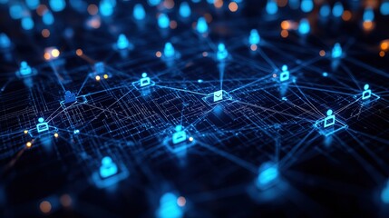 Blue human figures and icons connected by lines to form a network, embodying digital communication and connectivity.