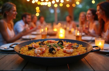 Outdoor dinner with friends features seafood paella. Festive atmosphere, warm inviting evening. People enjoy fresh dish together. Traditional Spanish cuisine, delicious food with prawns, mussels,