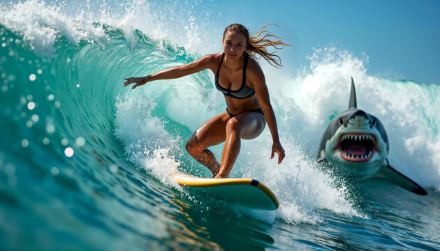 A surfer on a wave, blissfully unaware of the shark lurking behind her in the ocean, creating a thrilling moment of excitement.