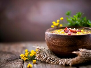 Creamy corn chowder in wooden bowl