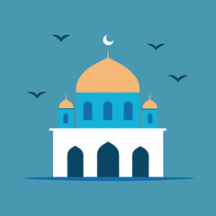 A Mosque with birds flying gracefully across the sky