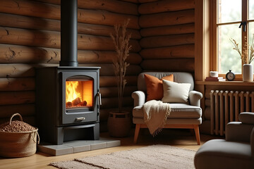 A cozy rustic living room featuring a modern pellet stove with a warm fire glowing inside. The room has wooden walls, a soft rug, and a comfortable armchair positioned near the stove. A basket of wood