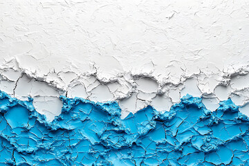 Textured abstract art: white and blue layers with cracked surfaces resembling a landscape.