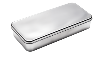 A close up shot of a rectangular silver metal box with rounded corners on a dark surfaceisolated on transparent background