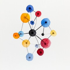 Obraz premium Abstract Watercolor Network Interconnected Circles in Red, Blue, and Yellow Hues