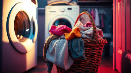 A wicker basket overflowing with dirty clothes sits near a washing machine in a laundry room, illuminated by intense dramatic lighting. Vivid electric colors create high contrast and tension.jpg