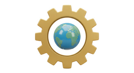 Isolated Golden Gear with World Globe Inside, Depicting Global Mechanism and Interconnectivity