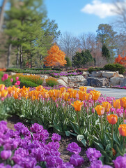 A vibrant garden scene with rows of colorful tulips a striking orange tree and a backdrop of trees and blue sky.