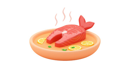 Isolated Salmon Fillet Steak with Lemon Slice on Plate Symbolizing Healthy Eating and Seafood