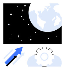 Earth in space alongside upward arrows and gear symbol conveying progress, technology, and teamwork. Ideal for growth, strategy, innovation, global reach, entrepreneurship, planning development