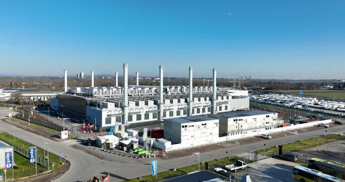 New constructed hyper scaler data center, FRA21 data center in Raunheim, Germany cloud server space, IT infrastrucutre. Aerial views. Building exterioir