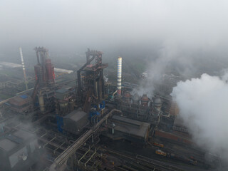 Metal production, blast furnace in Duisburg, Germany. Aerial view.
