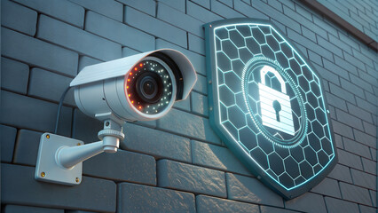 Advanced AI security camera, surveillance camera mounted on a brick wall beside of a metallic shield