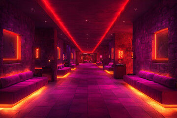 Vibrant neon-lit corridor in a modern lounge with stylish seating and ambient lighting