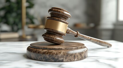 A wooden gavel rests on a marble surface of a desk