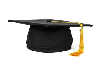 Black graduation cap with a gold tassel isolated on white background
