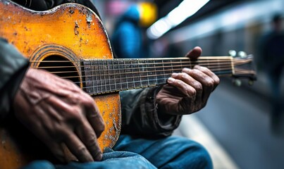 Fototapeta premium Close-up of hands playing an old, weathered acoustic guitar with worn paint, performing on the street.