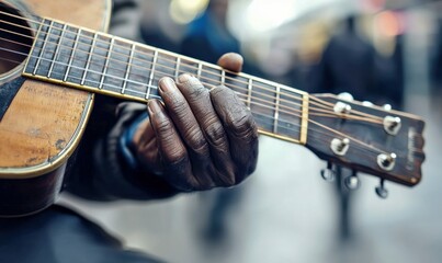 Obraz premium A guitarist's weathered hands create music, skillfully playing chords on an acoustic guitar.