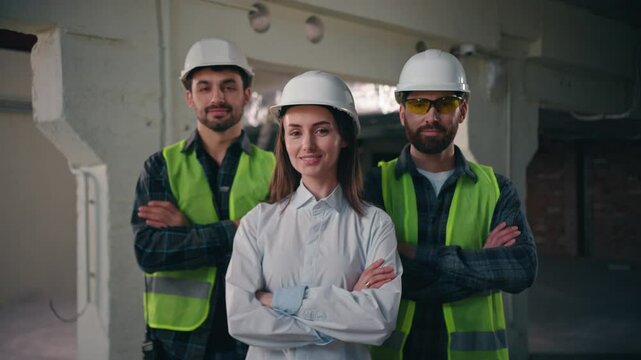 Confident glad Caucasian workers males architects builders men team coworkers controller woman crossing arms cooperation inspector looking at camera mechanics female smiling in construction teamwork