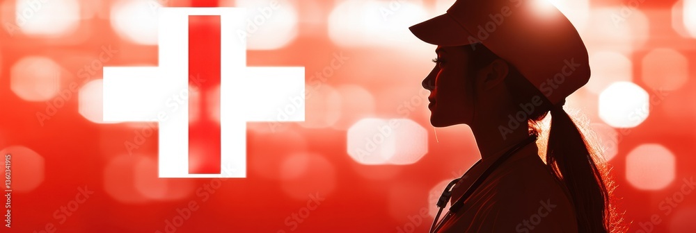 Poster stylish silhouette of a nurse with glowing red cross in a professional healthcare background generat
