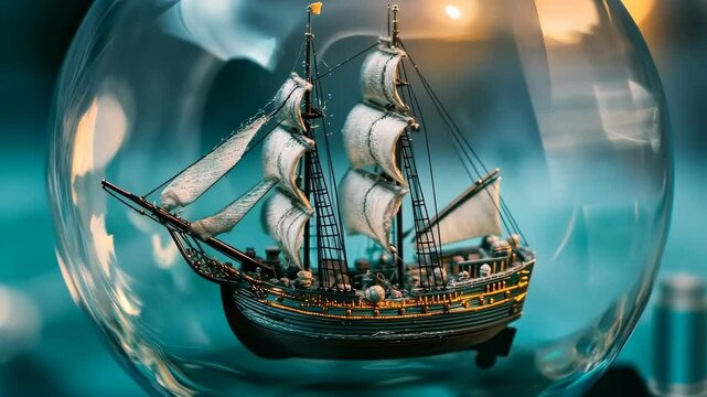 Intricate model ship encased in glass sphere with detailed sails and rigging